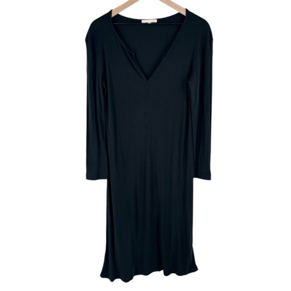 Skin Black‎ Soft Pima Cotton Ribbed Knit V Neck Long Sleeve Midi Dress